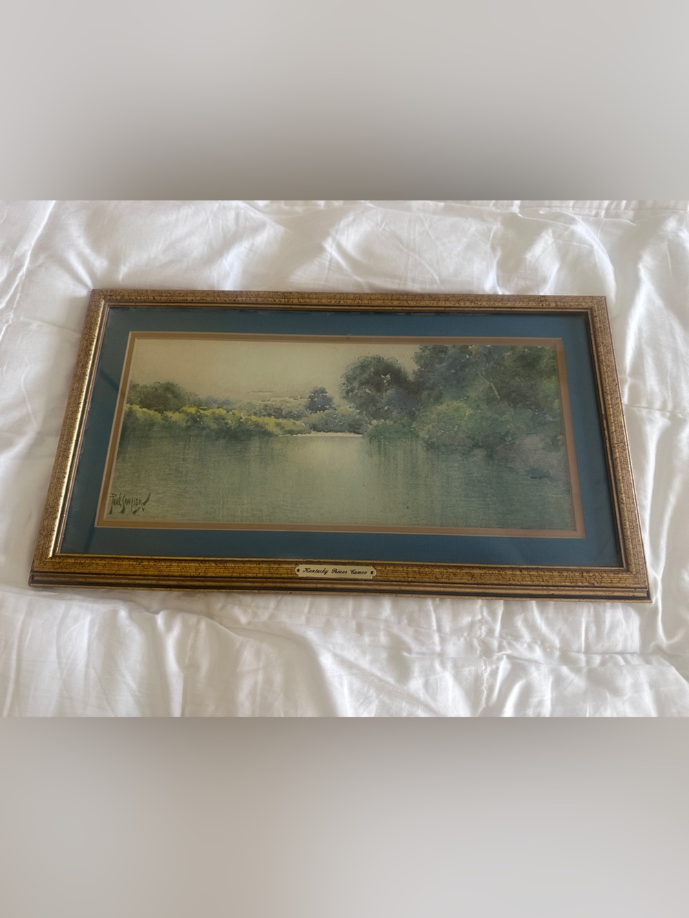Framed Serene Landscape Watercolor with Blue Mat